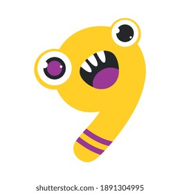 Number Nine Cute Monster, Funny Fantasy Alien Character, Mathematics Symbol, Learning Material for Kids Cartoon Style Vector Illustration