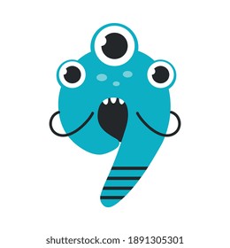 Número Nueve Monstruo Cuto, Gracioso Carácter de Creatura Fantastica, 9 Numerales, Matemáticas, Material de Aprendizaje para Niños Dibujo Estilo Vector Ilustración