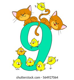 Number nine. Date for congratulations. Birds and animals figures. Cute kitten and chickens. Vector on white background. Cartoon doodle.