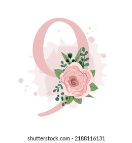 Number nine decorated with pink rose, leaves and watercolor splash isolated on white background. Vector illustration for birthday, wedding invitation, wedding table numbers and much more.