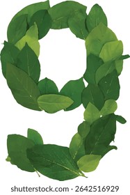 The number nine is depicted using a collection of vibrant green leaves, creating a visually appealing and nature-inspired representation of the digit.