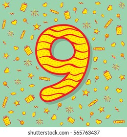 number nine with different object like gift box, star, heart,and different shape background design