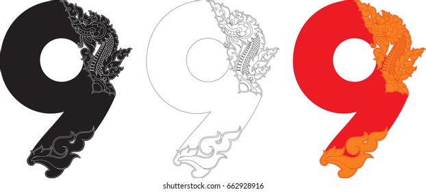 Number Nine, Doodles Swirl Tribal Tail and Head of Naga Number Alphabets (Dragon Monster Art Number Font) Vector Format / Southeast Asia Art Style