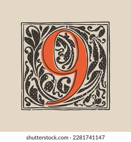 Logo de la tapa número nueve en estilo de grabado medieval. Plaza de letra negra inicial. Emblema iluminado de la edad oscura con follaje y tulipanes exuberantes. Perfecto para la identidad vintage, gótica, embalaje de lujo.