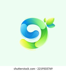 Number nine eco logo with gradient lines with green leaf. Environment friendly icon made of overlapping parts. Perfect for agriculture art, waste recycling app design, healthy food packaging.