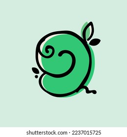 Number nine eco-friendly logo. Hand-drawn style with rough marker and paint shift effect. Vector cartoon typeface for zero waste art, nature protection company, spring posters, vegan food packaging.