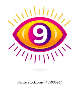 Number nine with eye icon on white. Vector eye care logo template.