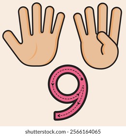 Number Nine. Finger counting designed to help PreK and Kindergarten students learn and practice numbers. Vector fully editable line art design