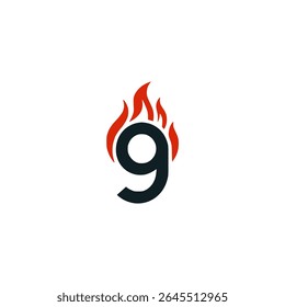 number nine with fire company logo vector illustration template design