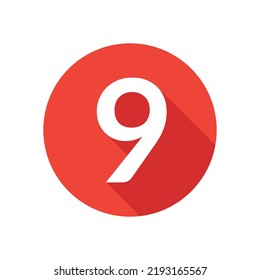 Number nine flat icon, round button in long shadow style.