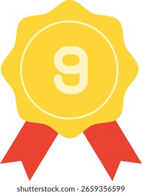Número nove em um design de crachá amarelo e vermelho, perfeito para elementos de classificação em visuais digitais.