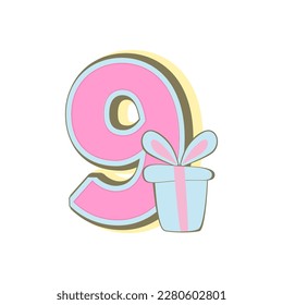 Number nine with gift box, baby month cards. Monthly milestone. Birthday Party Invitation, card, badge. Vector 

