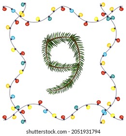 Number nine from green Christmas tree branches. Festive font and frame from garland, symbol of happy New Year and Christmas, character for date decoration