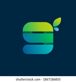 Number nine green gradient eco logo. Vector one line colorful typeface for agriculture branding design, spring labels, garden posters, environment identity etc.