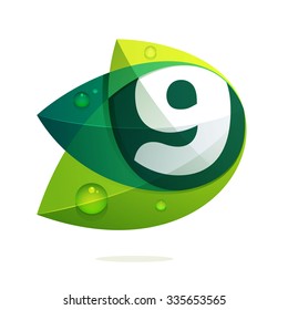 Number nine with green leaves and dew drops. Vector design template elements for your application or corporate identity.