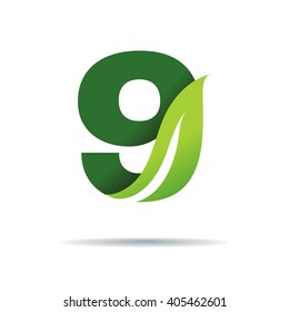 Número nueve con hojas verdes, elementos de plantilla de diseño del logotipo del vector 