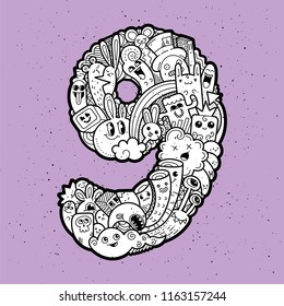 Number Nine. Hand drawn doodled kids numbers. Cute monstred numbers, math symbols. Vector illustration for web, design, decoration, education, prints, cards, design. Cartoon on a grunge background