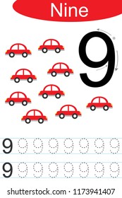Number nine, handwriting tracing practice sheet, writing training for children, kids preschool activity, educational game, printable worksheet, learning to count, vector Illustration