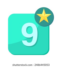 Number nine icon. Green square background. Yellow star badge. Vector illustration.