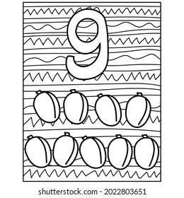 number nine learning page coloring, fruit and three-dimensional number with a striped background for kids activity vector illustration