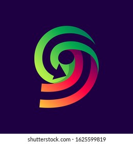 Number nine logo with arrow inside. Vector bright colours typeface for delivery labels, business headlines, finance posters, sport cards etc.