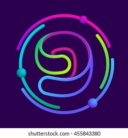 Number nine logo with atoms orbits. Bright color vector design for your science, biology, physics, chemistry company. 