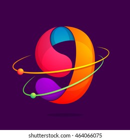 Number nine logo with atoms orbits. Vector design for banner, presentation, web page, card, labels or posters.