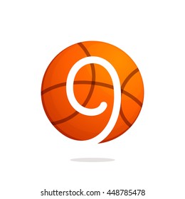 Number nine logo with basketball ball. Sport vector design for banner, presentation, web page, card, labels or posters.