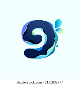 Number nine logo with blue dew drops in hologram glitch style. Environment friendly icon with color shift and illusion effect. Vector idea for waste recycling identity or organic merchandise.