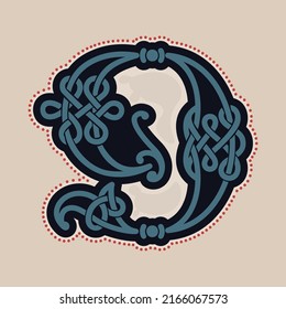 Number nine logo with Celtic knots, spiral lines, and red dots. Dim colored medieval initial. Perfect icon for ancient identity, Middle Ages print, barbarian posters, and heraldic monograms.