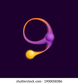 Number nine logo with colorful spheres or dots and connecting lines. Vector technology icon perfect to use in any science labels, multimedia posters, energy identity, etc.