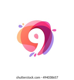 Number nine logo at colorful watercolor splash background. 9 icon. Vector elements for posters, t-shirts and cards.
