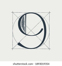 Number nine logo with construction grid lines. Vector vintage serif character perfect to use in any architecture labels, boutique posters, luxury identity, etc.