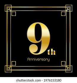 Number Nine Logo Design With Square Ornament, luxury golden design, anniversary concept, vector illustration