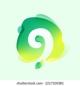 Logotipo número nueve en la mancha de salpicadura de gradiente ecológico con hoja verde. Icono favorable para el entorno espacial negativo. Emblema de efecto de ilusión para arte agrícola, diseño de reciclaje de residuos, empaque saludable de alimentos.