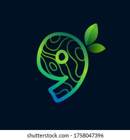 Number nine logo with eco waves pattern. Perfect vector green icon for landscape design, natural print and cartography labels, etc.