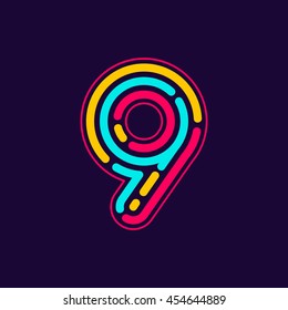 Number nine logo formed by neon line or fingerprint. Vector design for banner, presentation, web page, card, labels or posters.