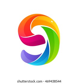 Number nine logo formed by colorful twisted lines. Vector elements for banner, presentation, web page, card, labels or posters.