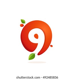 Number nine logo in fresh juice splash with green leaves. Vector elements for natural application, ecology presentation, business card or cafe posters.