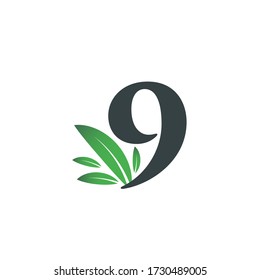 Number Nine logo with green leaves. Natural number 9 logo with green leaf.