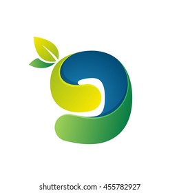 Number nine logo with green leaves. Vector design for ecology company, card, labels or posters.