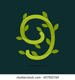 Number nine logo with green leaves. Ecology vector design for banner, presentation, web page, app icon, card, labels or posters.