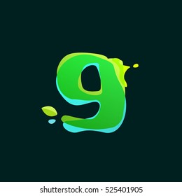 Number nine logo with green watercolor splashes. Color overlay style. Vector ecology typeface for labels, headlines, posters, cards etc.