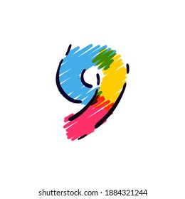 Number nine logo hand drawn with a colored pencils. Perfect vector childish font for a school style cartoon, cute comic print, kindergarten posters, etc.
