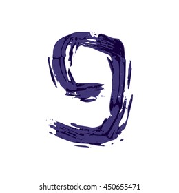 Number nine logo hand drawn with dry brush. Rough strokes style.  Vector grunge style design elements for T-shirt, label, badge, card or poster.