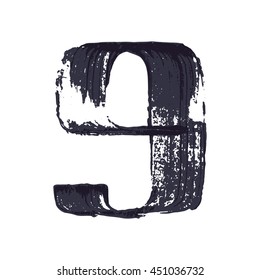 Number nine logo hand drawn with dry brush. Vector grunge style design elements for T-shirt, label, badge, card or poster.