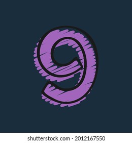 Number nine logo hand-drawn with felt-tip and marker strokes. Perfect to use in any comic strip pages, preschool posters, cute identity, etc.