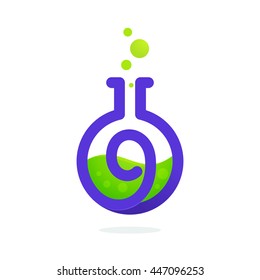 Number nine logo in laboratory beaker. Vector elements for science, biology, physics or chemistry design.