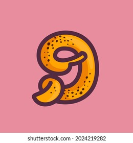 Number nine logo made of banana. Fruit handmade calligraphy for agricultural identity, restaurant cards, kids t-shirt, summer prints, etc.