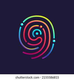 Number nine logo made of fingerprint. Multicolor line icon with vivid gradients and shine. Perfect for online payment art, biometric design, nightlife advertising, digital packaging, modern identity